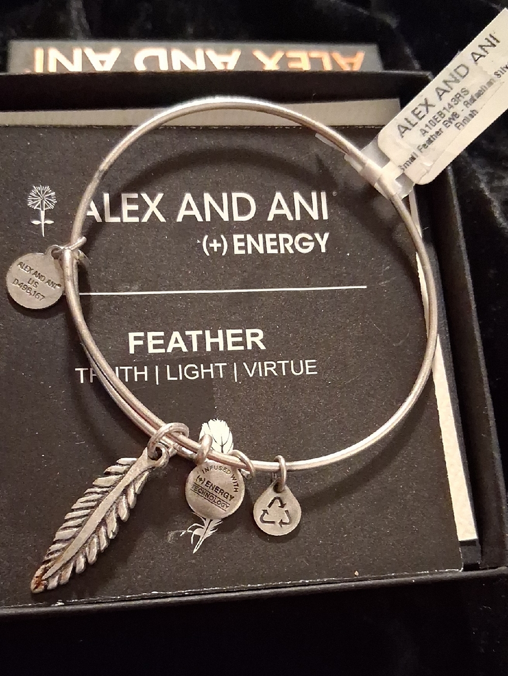 Alex and Ani Silver Feather Charm Bangle with Logo Discs